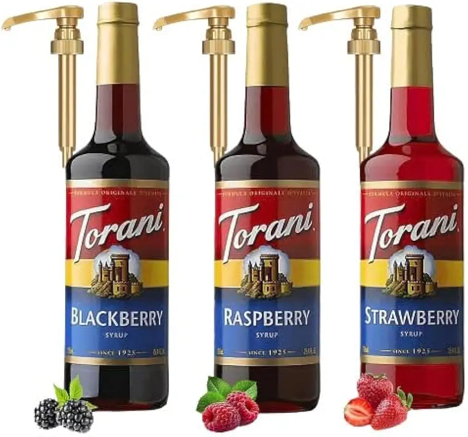 Torani Berry Lovers Raspberry, Strawberry, Blackberry - Syrup For Italian Soda Flavoring 3 Pack with 3 Jimoco Pump Dispensers