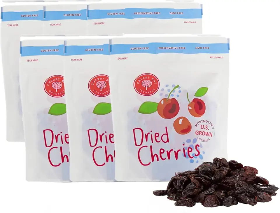 Cherry Bay Orchards - Dried Montmorency Tart Cherries - Pack of Six 6oz Bags (Total 36oz) - 100% Domestic, Natural, Kosher Certified, Gluten-Free, and GMO Free - Packed in a Resealable Pouch