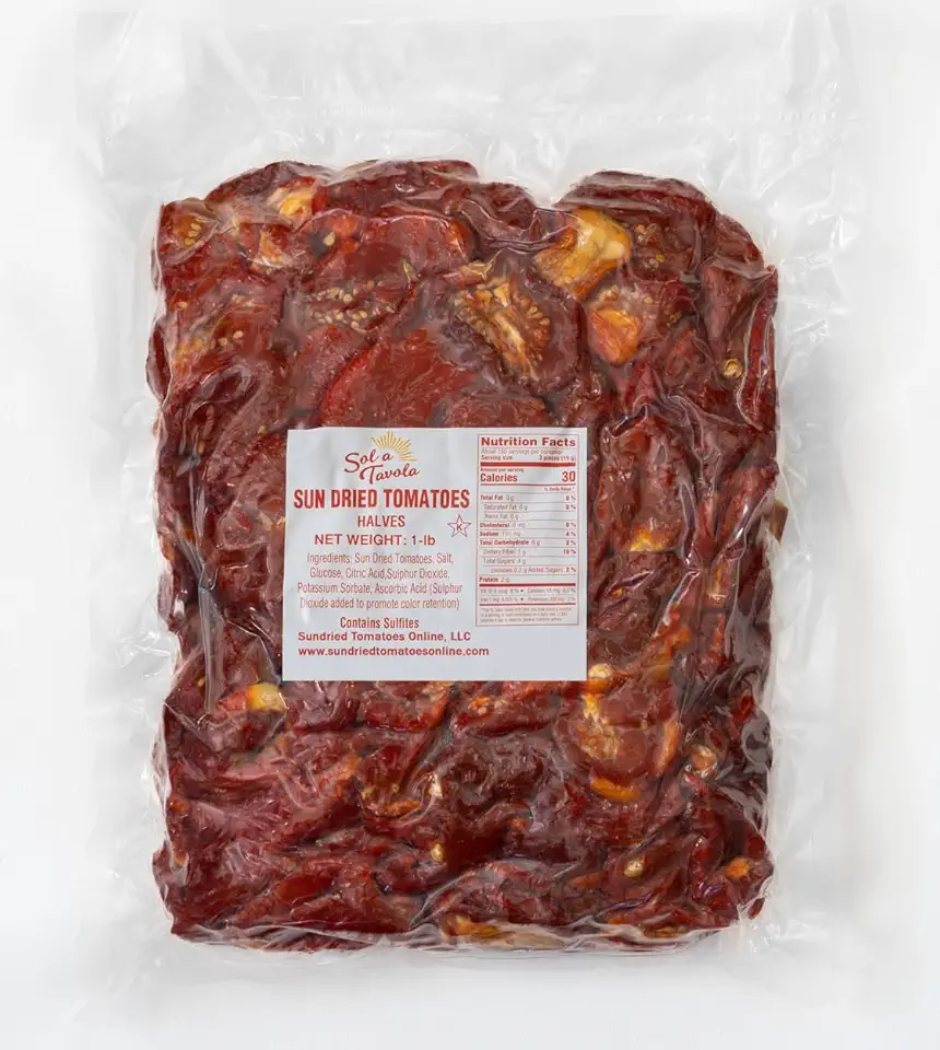 Sun-Dried Tomatoes, Ready to Eat, Brilliant Red Color | Moist Chewy Texture | Nutritious | Healtful | Flavorful | Kosher | Vegan | Keto | Paleo | Naturally Gluten-Free, Premium Quality Vacuum Packed to Ensure Freshness, Shipped in Corrigated Box, Half Cut, (16 oz) - 1 lb Box