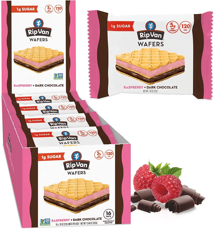 Rip Van Raspberry &amp; Dark Chocolate Wafer Cookies - Healthy Snacks - Non GMO Keto Cookies - Keto Snacks - Low Carb, Low Sugar (1g), Low Calorie and Vegan Snack - 16 Count