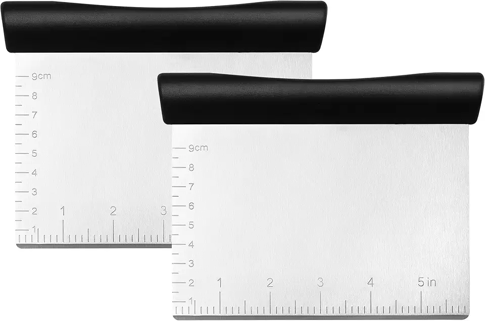 Spring Chef Bench Scraper, Stainless Steel Dough Cutter Tool - Pastry Scraper for Pizza, Bread - Bench Knife - Kitchen Dough Scraper for Baking, Food Scraper with Measurement Markings - 2 Pack - Black