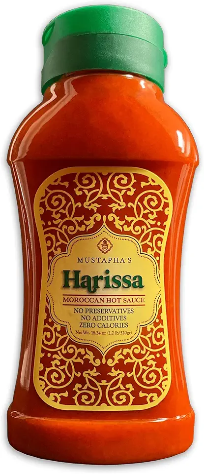 Mustapha’s Harissa Hot Sauce – North African Hot Pepper Paste, No Sugar, Preservative-Free, Non-GMO, Vegan, Paleo &amp; Keto Friendly, Perfect for Chicken, Beef &amp; Eggs, 18.34 oz Squeeze Bottle