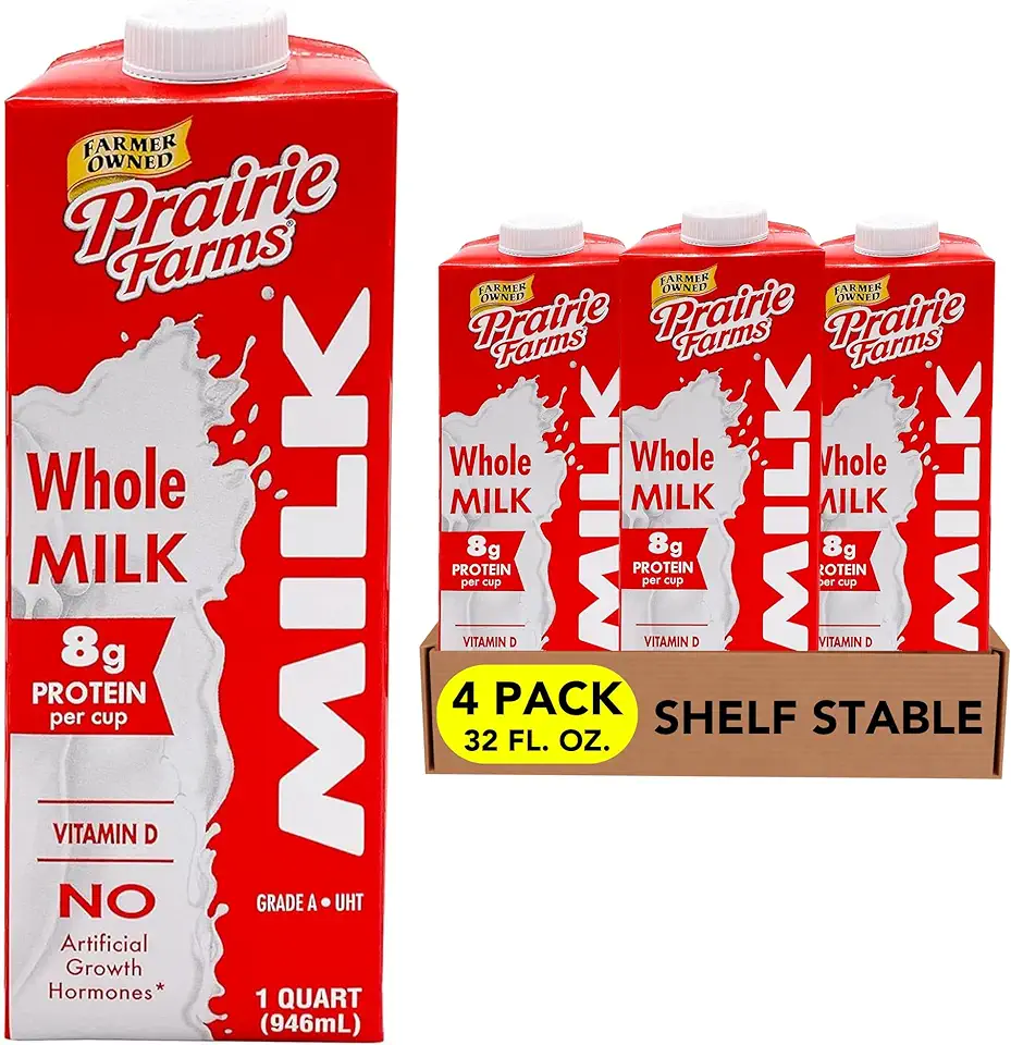 Prairie Farms - Whole Milk - Shelf Stable, Boxed UHT Ultra Pasteurized Milk, Vitamin D White Milk - Preservative and Hormone Free, Gluten Free, Kosher, Made in USA - 1 Quart (4 Pack)