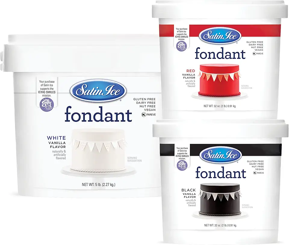 Bundle - Satin Ice Fondant, White 5 Pounds + Red 2 Pounds + Black 2 Pounds, Vanilla