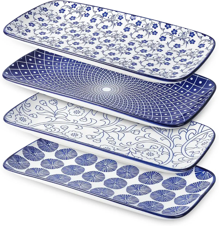 Selamica Ceramic Rectangular Serving Platters Set of 4, 12 Inch Serving Trays/Dishes for Party Entertaining, Rectangular Dinner Plates for Appetizer Salad Dessert Sushi, Vintage Blue