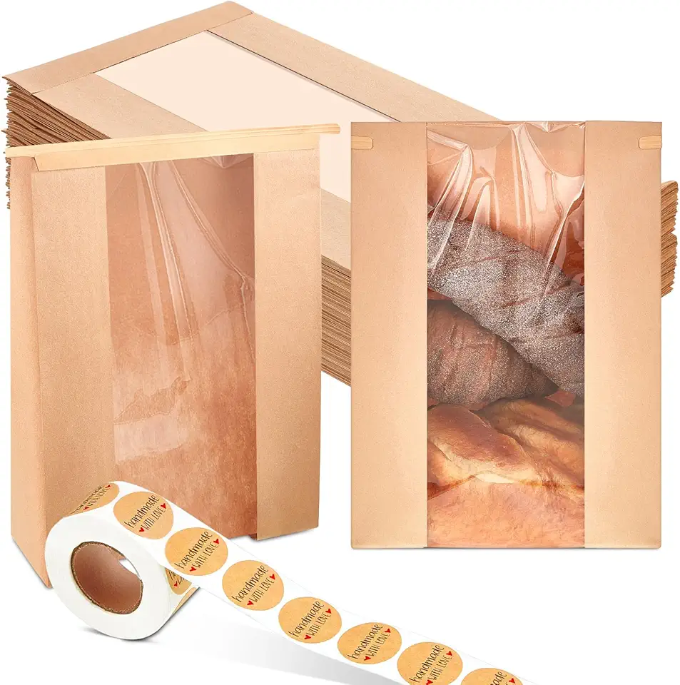 Honoson 300 Pcs Large Kraft Paper Bakery Bags with Window Bread Loaf Bags Tin Tie Tab Lock Cookie Bags Bread Bags for Homemade Bread with 500 Pcs Label Seal Stickers for Coffee, 8.3 x 13.8 x 3.1 in