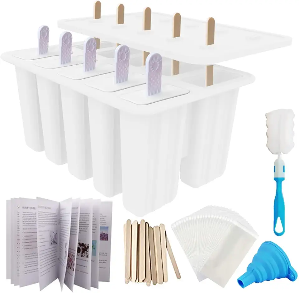 Homemade Popsicle Molds Shapes, Silicone Frozen Ice Popsicle Maker Non-BPA, with 50 Popsicle Sticks, 50 Popsicle Bags, 10 Reusable Popsicle Sticks, Funnel, Brush and Ice Pop Recipes (White)