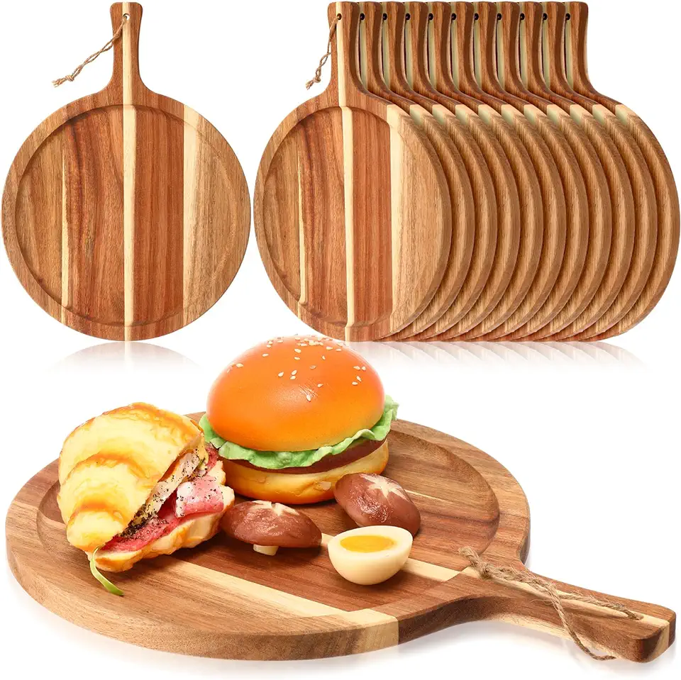 Tanlade 12 pack Acacia Wood Cutting Board Bulk with Handle Round Wooden Serving Board Kitchen Chopping Boards for Pizza Tray Paddle Bread, Cheese Charcuterie, Fruit, Vegetables