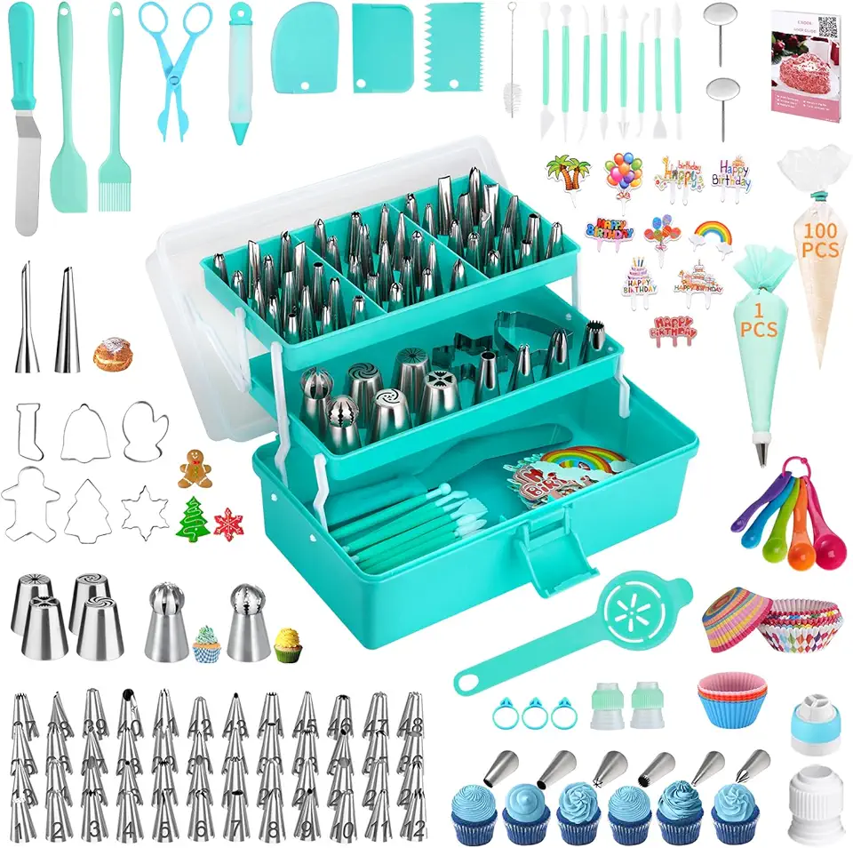 Cake Decorating Supplies Tools Kit: 358 pcs Baking Accessories with Storage Case - Piping Bags and Icing Tips Set - Puffs Christmas Cookie Cutters Cupcake Set for Beginners or Professional, Mint Green