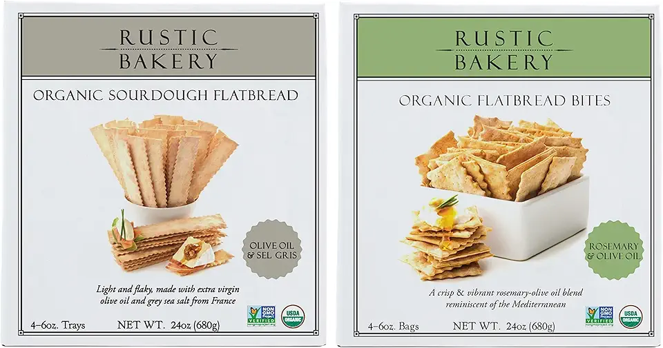 Rustic Bakery Flatbread + Rosemary Bites 2 Pack - Sel Gris Flatbread + Rosemary Cracker Bites - Handmade Sourdough Flatbread Crackers - Artisan Crackers for Cheese Platter or Snacking - 2 Pack