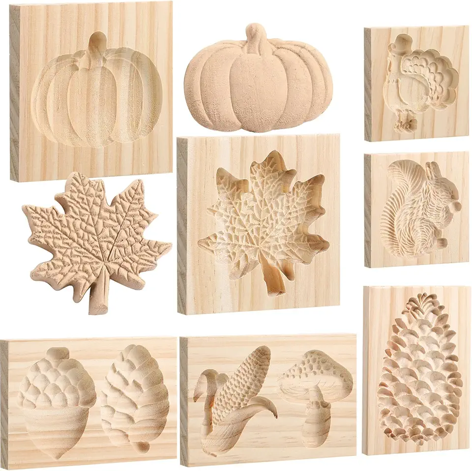 9 Styles Fall Wooden Cookie Molds Thanksgiving Carved Cookie Stamps Shortbread Mold for Baking Wood Press 3D Embossing Cookie Cutters Kitchen Biscuit DIY 5.1 Inch, Pumpkin Turkey Maple Leaf Pine Cone