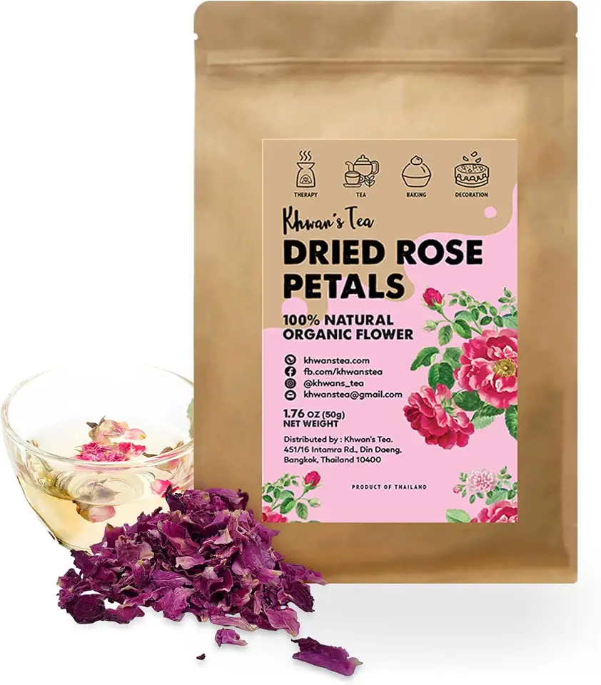 KHWAN&#x27;S TEA Premium Dried Rose Petals - Plant-based &amp; Edible Flowers for Baking Decoration, Desserts, Syrup, DIY Crafts, Candle, Bath &amp; Fragrant Soap Herbal Tea 50 g