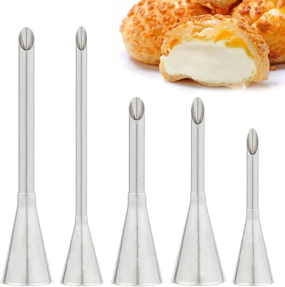 5 Pcs/Set Cream Puff Icing Piping Nozzle Tips, BetterJonny Stainless Steel Long Puff Nozzle Tip Decorating Tools Cake Piping Nozzles Pastry Icing Piping For Baking Cakes Pastries of Various Shapes