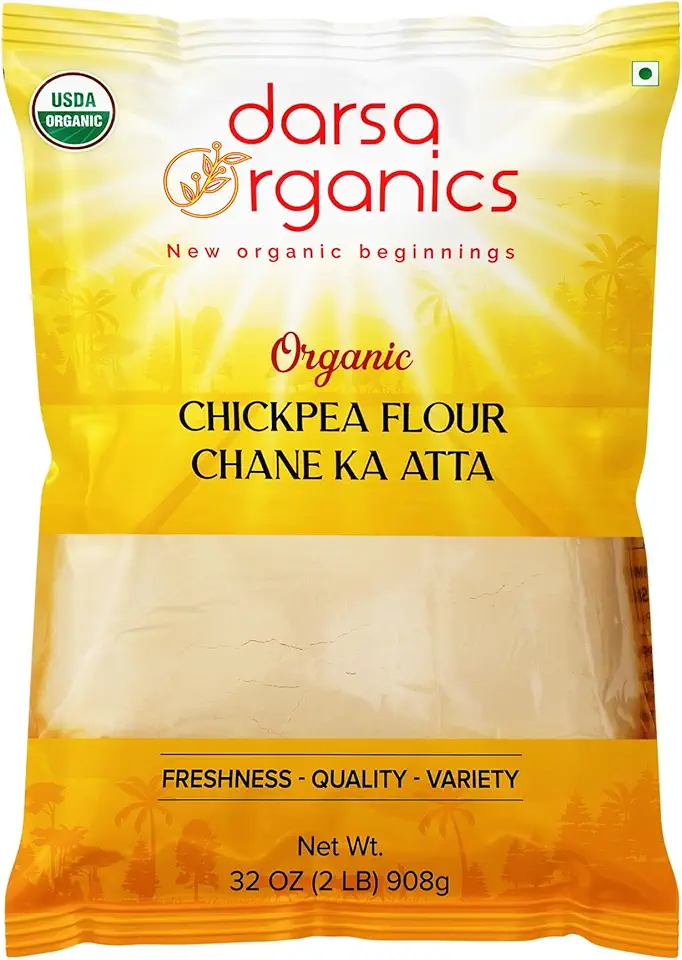 Darsa Organics Chickpea Flour, 2 lb - Chane Ka Atta, Organic Garbanzo Bean Flour, Besan for Cooking, Baking &amp; Vegan Recipes, Gluten-Free, USDA Certified, Non-GMO, Chemical-Free, Vacuum-Sealed for Freshness