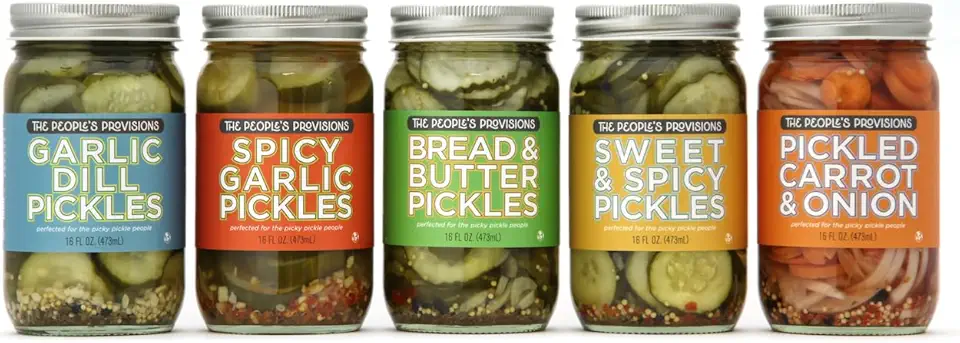 The People&#x27;s Provisions - All Things Pickled - Garlic Dill, Spicy Garlic, Bread &amp; Butter, Sweet &amp; Spicy, and Pickled Carrots in one gift pack (5 jars)