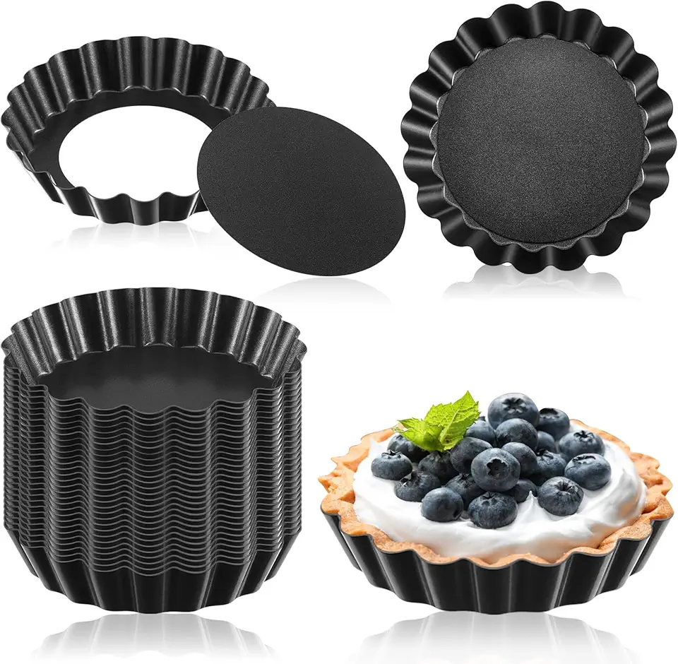 Uiifan 32 Pcs Mini Tart Pans Egg Tart Molds with Removable Bottom Round Nonstick Quiche Pan Mini Pie Pans Mini Tart Shells Bakeware Mold Fluted Side for Mousse Cake Dessert Baking (Black Gray,3 Inch)