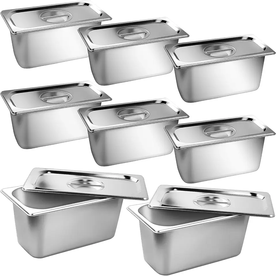 Stainless Steam Hotel Pan,1/3 Size 6 Inch Deep Steam Table Pan with Lid, 8 Pack 0.8 mm Thick Anti Jam Pan Stainless Steel Steamer Pan for Commercial, Party, Restaurant,Hotel