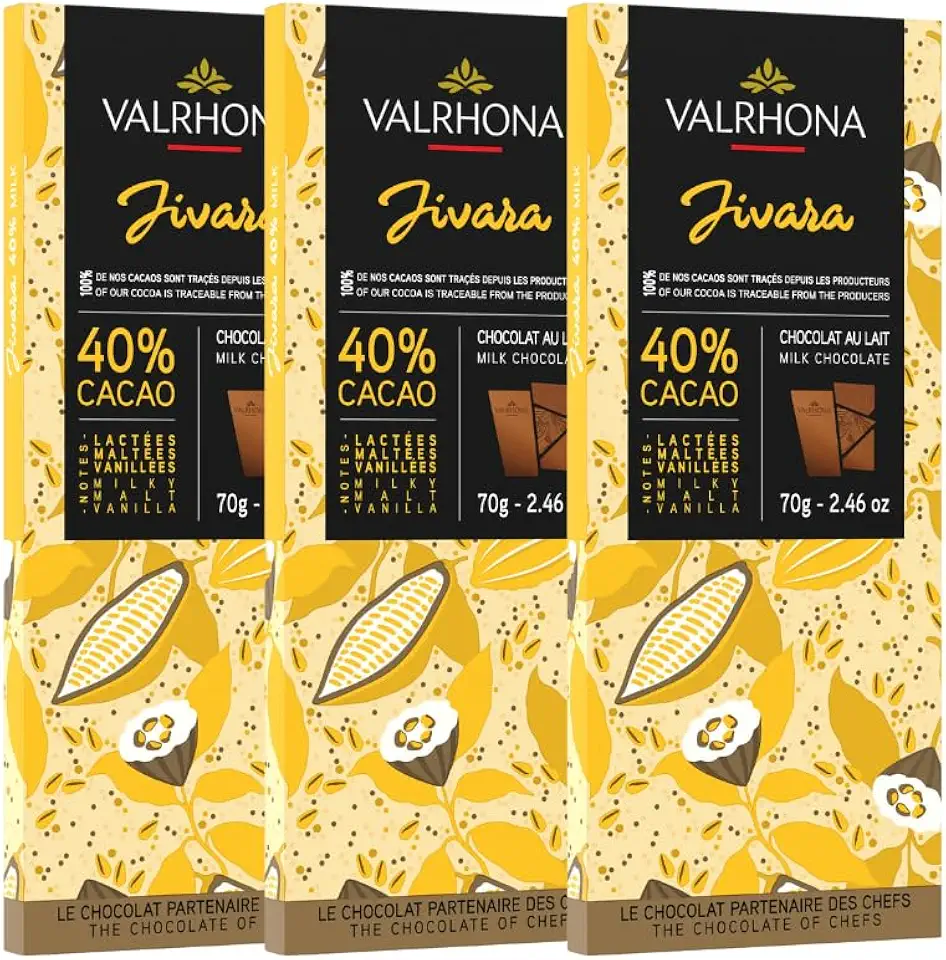 Valrhona Milk Chocolate JIVARA 40% Cacao Tasting Bar - Gourmet French Chocolate, Caramel &amp; Vanilla. The Darkest Milk Chocolate for Baking &amp; Frostings, Sauces, Silky Cakes, Candies. 70g. (Pack of 3)