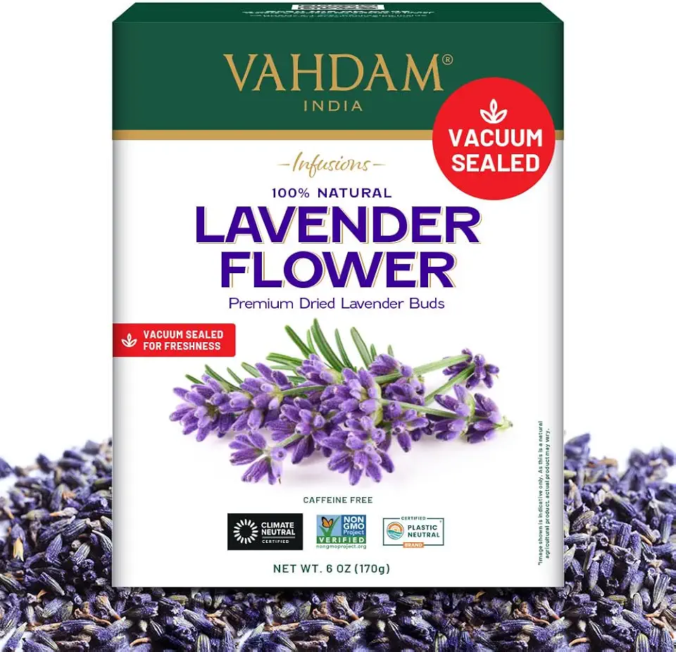 VAHDAM, Dried Lavender Flowers (6oz) Culinary Lavender | Caffeine Free | Premium Grade, Non GMO | Perfect For Lavender Tea, Baking, Lavender Syrup | Vacuum Sealed Packaging for Freshness