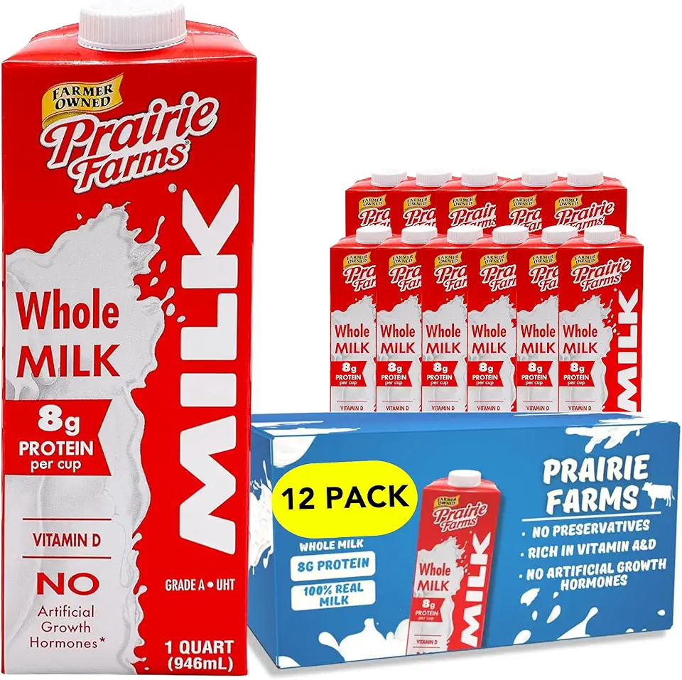 Prairie Farms Whole Milk - Shelf Stable, Boxed UHT Ultra Pasteurized Milk, Vitamin D White Milk - Preservative and Hormone Free - 1 Quart (12 Pack)