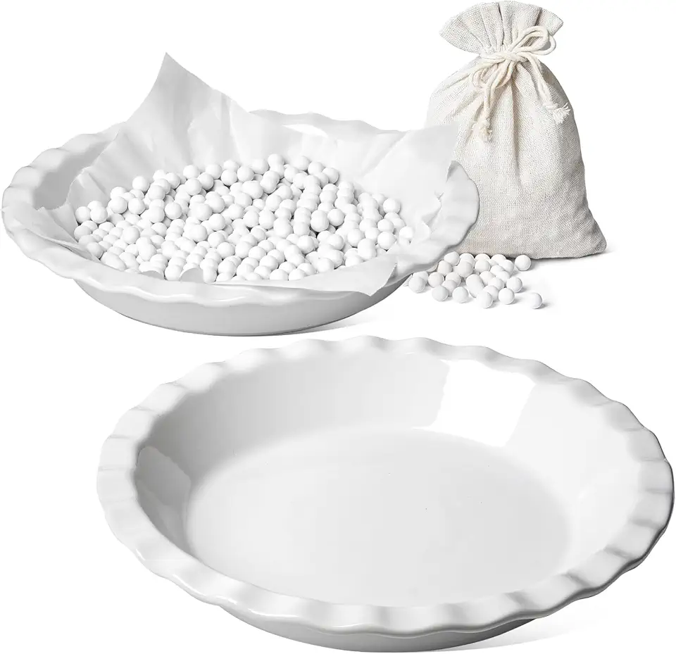 LE TAUCI Ceramic Pie Dish and Pie Weights Set, 9 Inches Pie Pans for Baking, 36 Ounce Round Fluted Pie Plates for Apple Pie, Quiche, Pot Pies, Tart - Set of 2, White