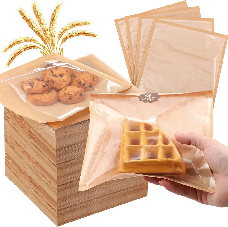 Yeaqee 600 Pcs Bakery Bags 7.1 x 7.5 Inches Heat Sealable Donut Bag with Window Paper Sandwich Bag Grease Resistant Cookie Packaging Kraft Sleeves for Pastries Snacks Egg Biscuits Treat