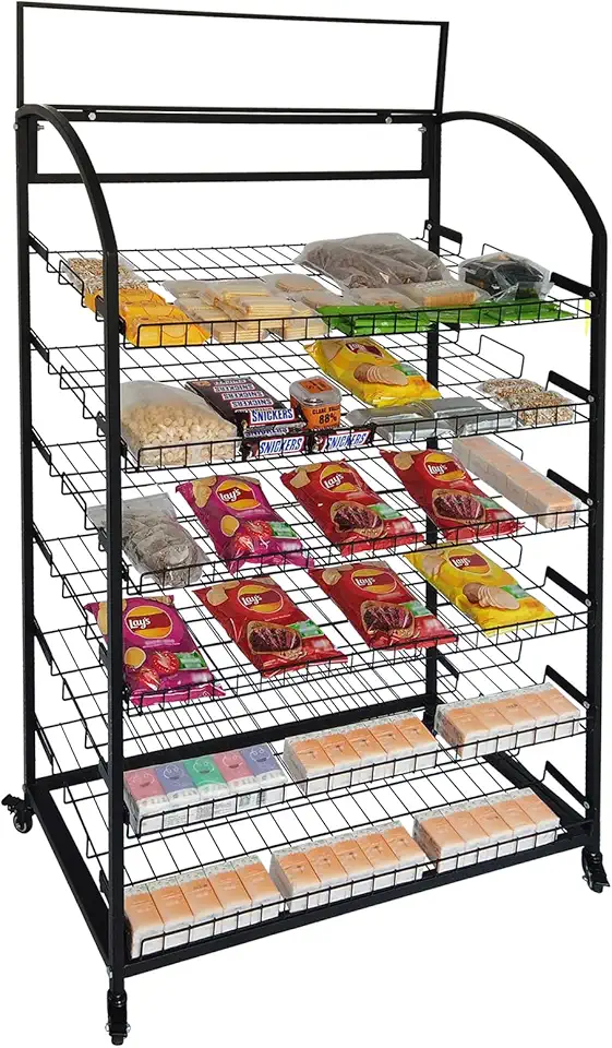 Tongmo Bakery Display Rack: Equipped with Wheels and Header Holder, 39.5&quot; Wide Potato Chip Display Rack, 6 Shelves Snack Rack Display.(39.5&quot;, 6-Shelves, Black)