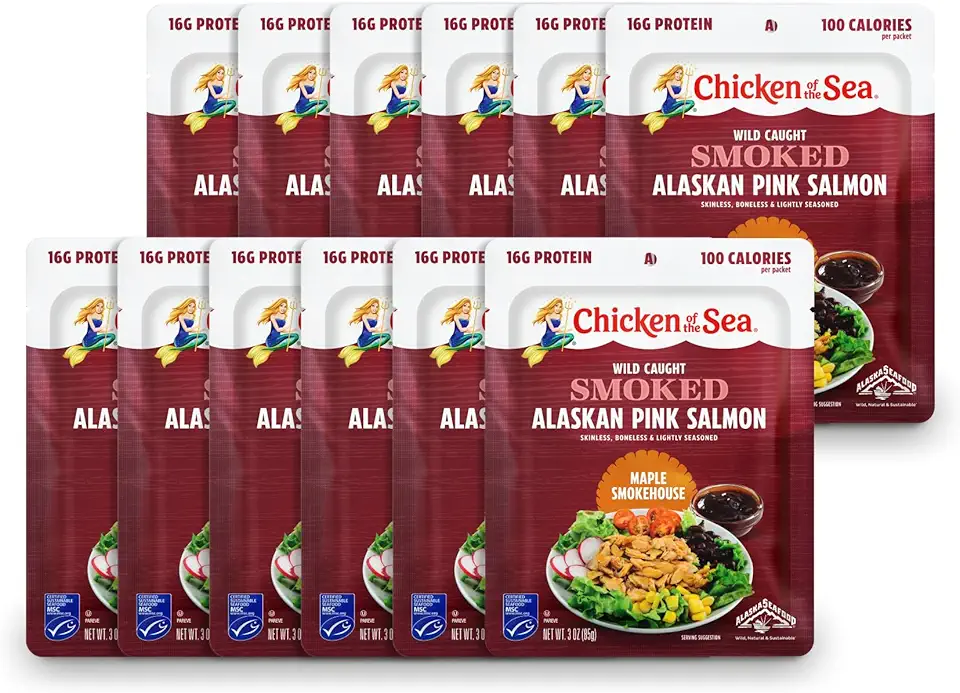 Chicken of the Sea Smoked Alaskan Pink Salmon, 3 Ounce Packets (Box of 12), Wild Caught Salmon, Maple Smokehouse