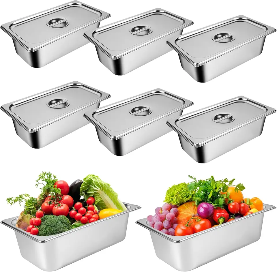 8 Packs Stainless Steel Hotel Pans with Lids 1/4 Size x 6&quot; Deep Steam Table Pan Commercial Food Storage Containers Stackable Metal Steamer Pan Anti-Jam Hotel Pan Restaurant Warm Pans