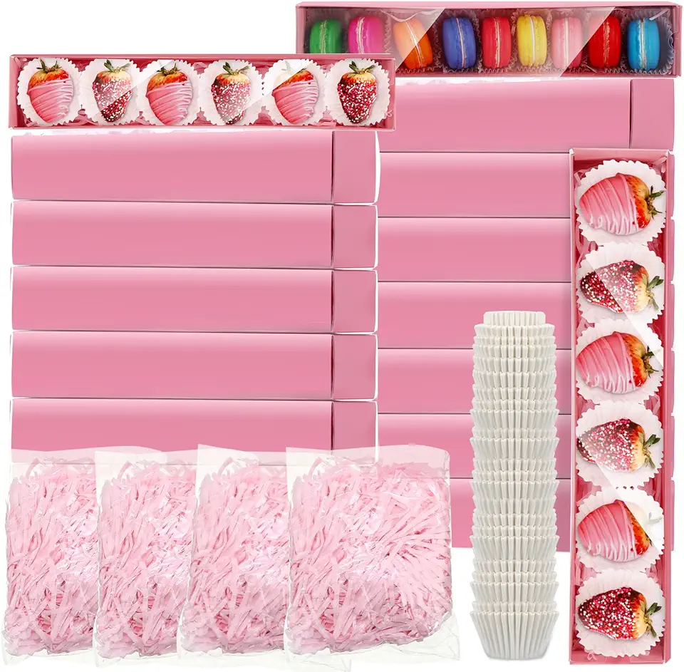 Cholemy 40 Sets Chocolate Strawberries Boxes with Clear Window 250 Pcs Paper Food Trays 4 Bags Raffia Bakery Macaron Boxes Disposable Serving Trays Gifts 12 x 2.2 x 2 Inches(Pink)