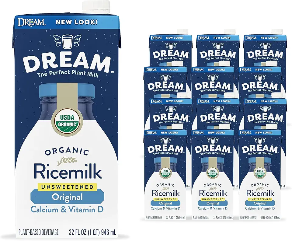 Rice Dream Organic Rice Milk Drink, Unsweetened Original, Vegan Dairy Alternative, Lactose Free, Shelf Stable, 32oz (Pack of 12)