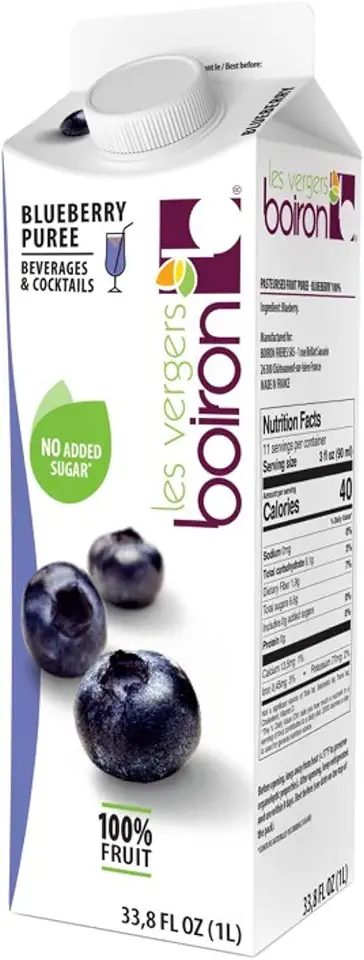 Les Vergers Boiron Blueberry Puree, 100% Fruit, All Natural, No Added Sugar, Non-GMO, No Preservatives, No Added Flavors, Vegan, For Beverages &amp; Cocktails, 1 Liter, 33.8 Fl Oz (Pack of 1)