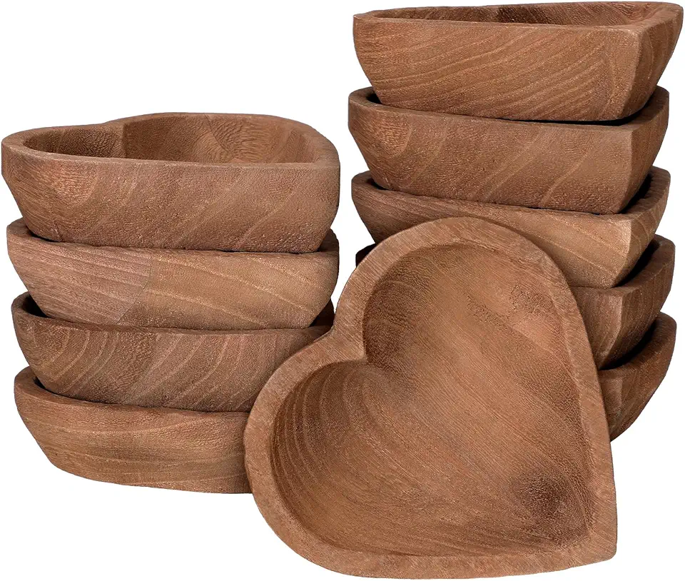 Tioncy 10 Pcs Wooden Dough Bowls Wood Shaped Serving Bowl Halloween Dough Bowl Bulk Hand Carved Paulownia Bowls for Home Dining Holding Making Bread Dough Fruits Table Supplies, 7 Inch (Heart)