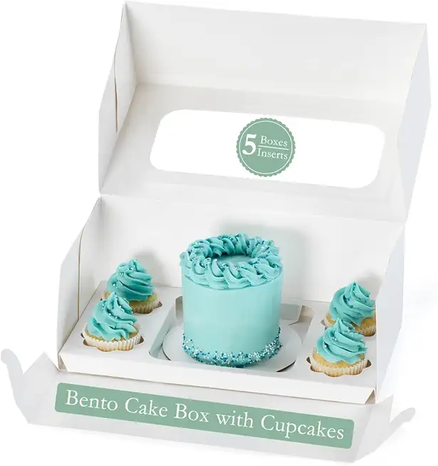 Bento Cake Box with Cupcakes - Perfect for Bento Box Cake and Cupcakes, Bento Cake and Cupcake Boxes Combo, 5 Sets: Cupcake and Bento Cake Boxes Fit 4 Regular Cupcakes and Mini Cake.