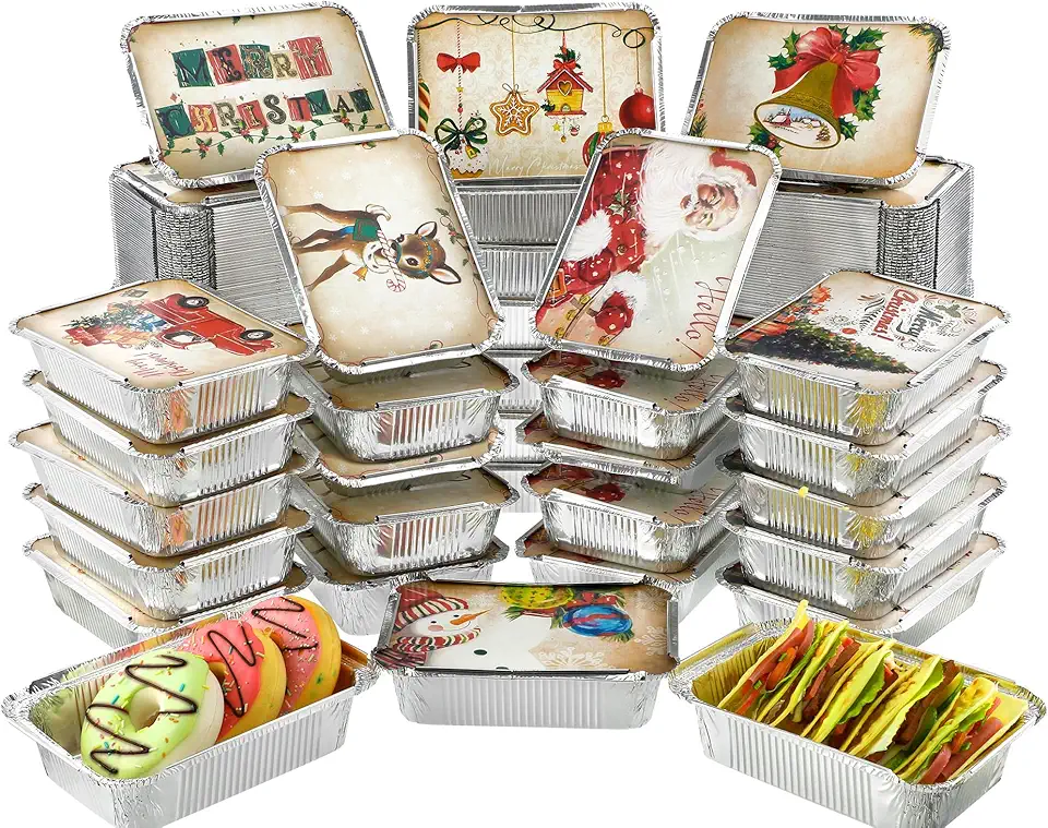 Nitial 96 Pcs Christmas Cookie Tins Disposable Aluminum Pans with Lids Aluminum Baking Pans Rectangular Treat Foil Containers Food Storage Pan for Holiday Leftovers, 7.28 x 5.31 Inch (Vintage)