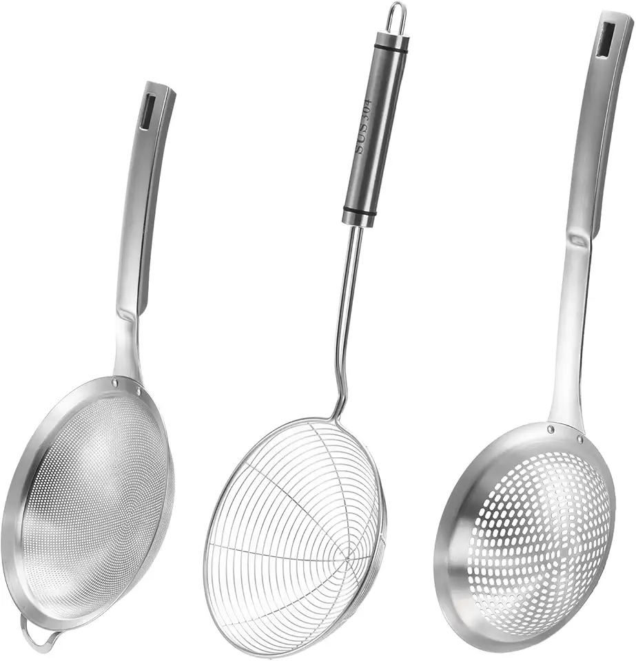 Suwimut 3 Pieces Spider Strainer Skimmer Spoon Set, Fine Mesh Stainless Steel Sieve Food Strainer, Large Holes Slotted Colander Frying Spoon, Strainer Ladle Wire Skimmer Spoon with Handle for Kitchen