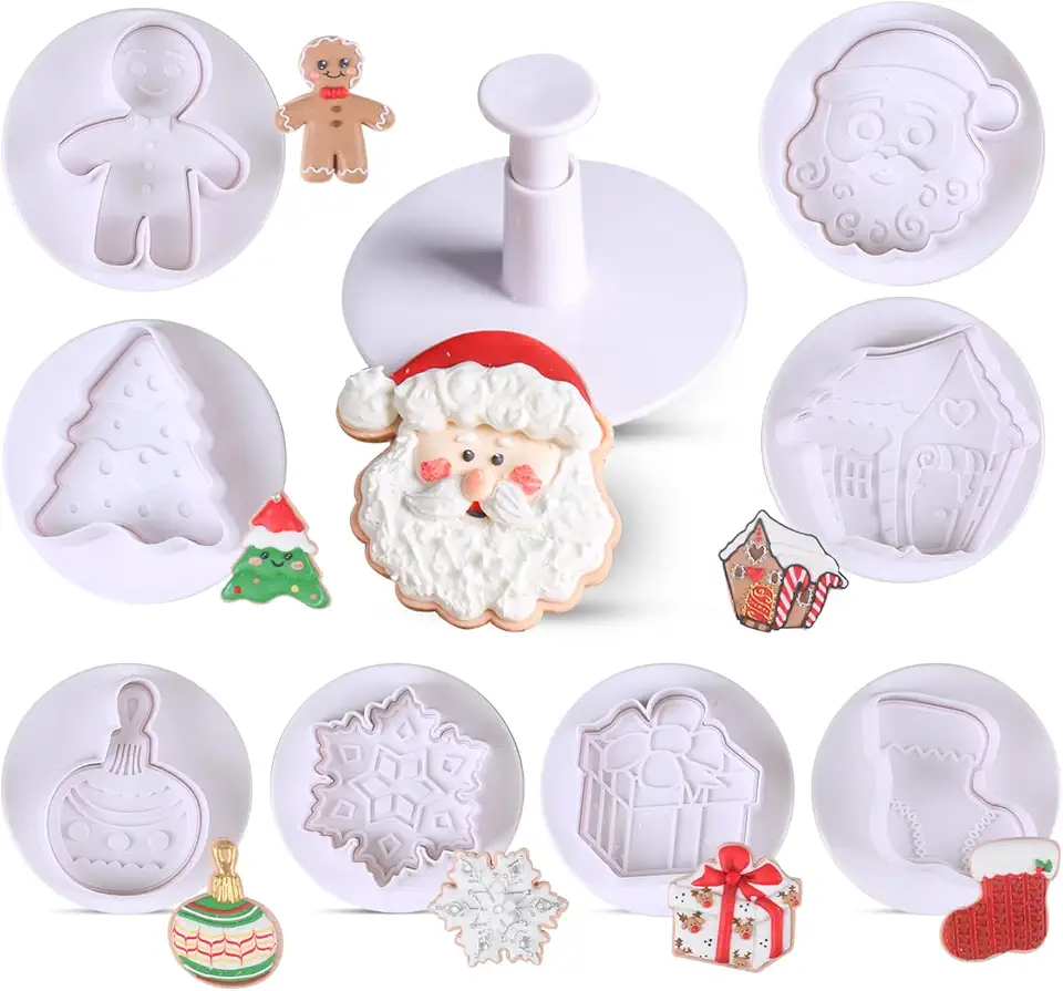 Growtail 8Pcs Christmas Cookie Cutters,Cookie Cutters With Plunger Stamps Set,3D Embossing Cutters For Biscuit Fondant Cheese Baking Molds