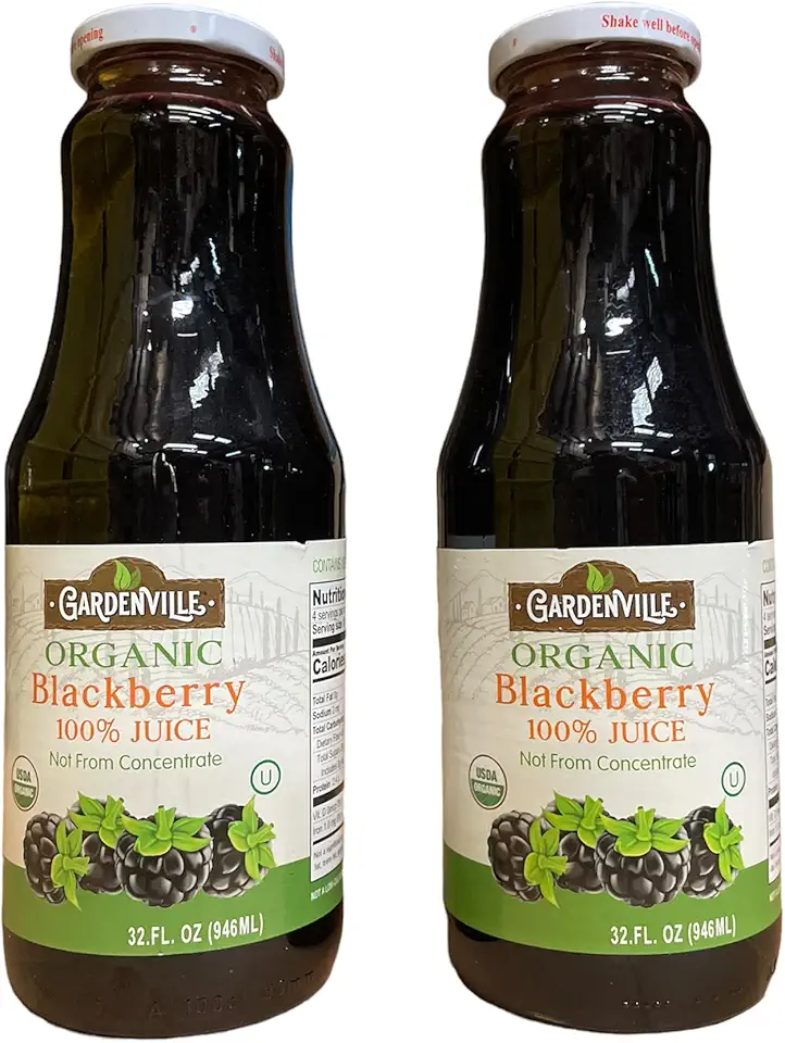 Gardenville Organic Blackberry Juice (Pack of 2), USDA Organic, No Added Sugar, U Kosher Certified, Pasteurized, 32 oz Glass Bottles