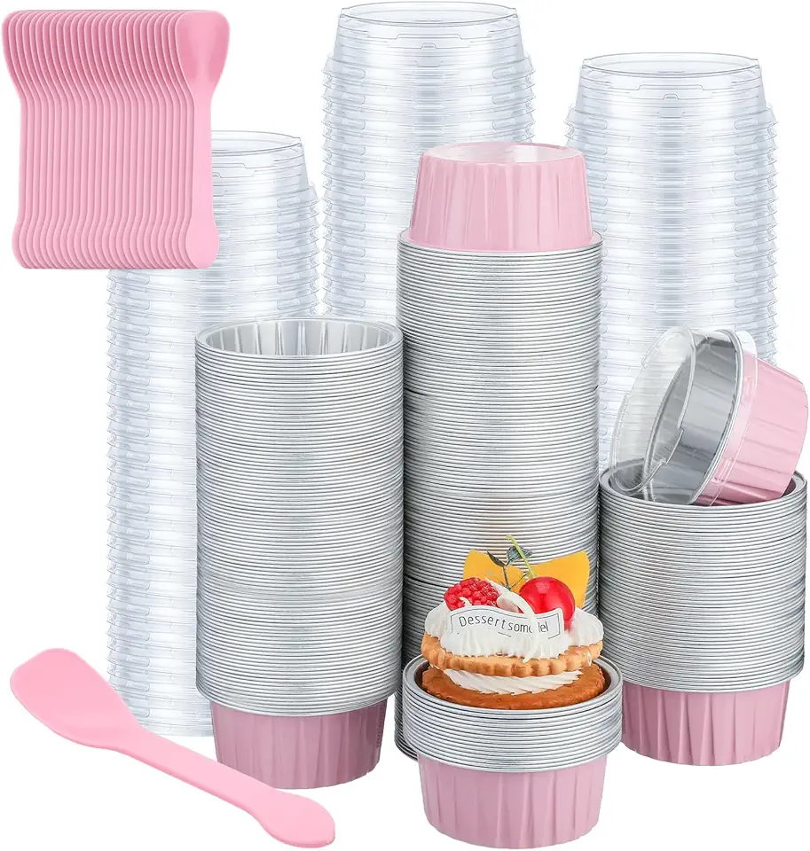 Hushee 600pcs Aluminum Baking Cups with Lids and Spoons 5oz Disposable Ramekins Dessert Muffin Creme Brulee Cupcake Liners Containers for Bakery Birthday Christmas Party(Pink, Round)