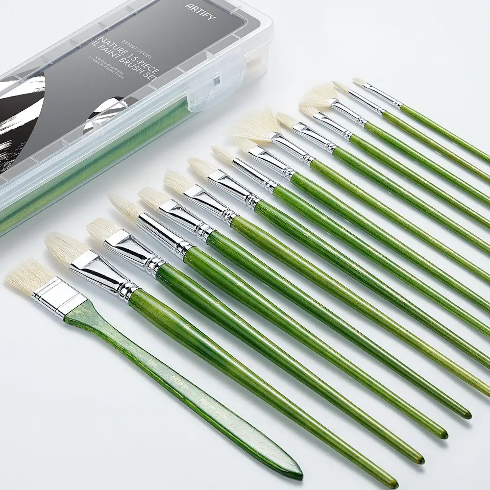 ARTIFY Professional Oil Paint Brushes Set, Acrylic Paint Brushes, 15 Pcs Chungking Bristle Paintbrush Set with Long and Heavy Handle for Oil and Acrylic Gouache Painting, Green