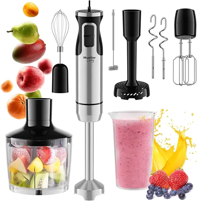 MuellerLiving Immersion Hand Blender Full Set - 8 Speed Immersion Blender, Hand Mixer with 7 Attachments: Stainless Steel Blade, Whisk, Milk Frother, Beater, Mixing Hooks, Potato Masher, Chopper Bowl