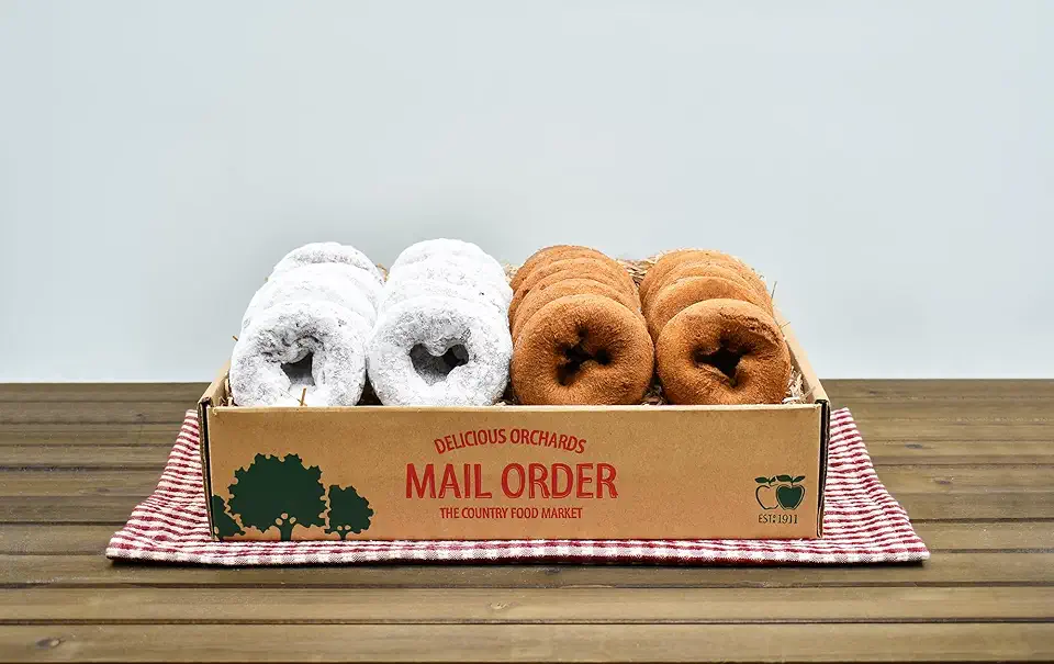 Famous Delicious Orchards Apple Cider Donuts Gift Box: 12 Plain &amp; 12 Powdered Apple Cider Donuts. Scratch baked, no preservatives. Made and Packed in Colts Neck, NJ. Holiday, Corporate, Thank You gift-giving made easy