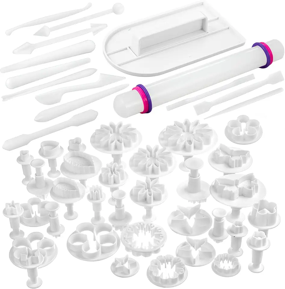 Bakerpan Fondant Tool Set, 47 Pcs Cake Decorating Supply Kit with Rolling Pin for Fondant, Gumpaste, Sugar Paste, Fondant Roller, Smoother, Plunger Cutters Shapes