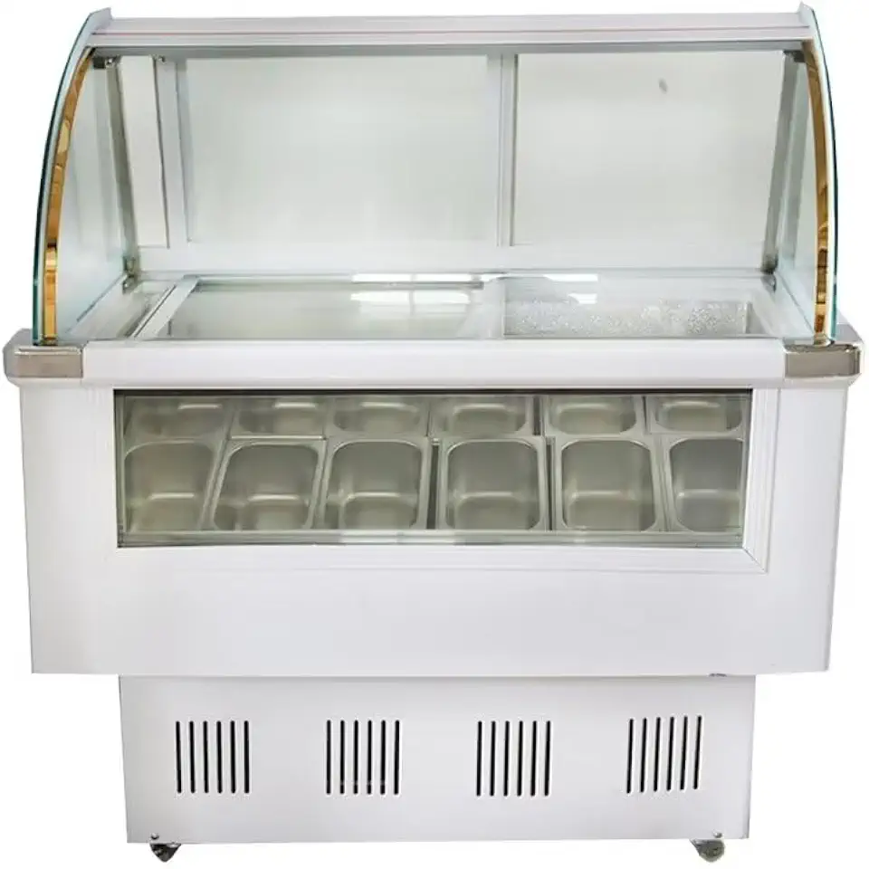 HayWHNKN Gelato Dipping Cabinet Freezer Display Case 12 Pan Commercial Hard Ice Cream Refrigerator Display Case Gelato Showcase 220V White