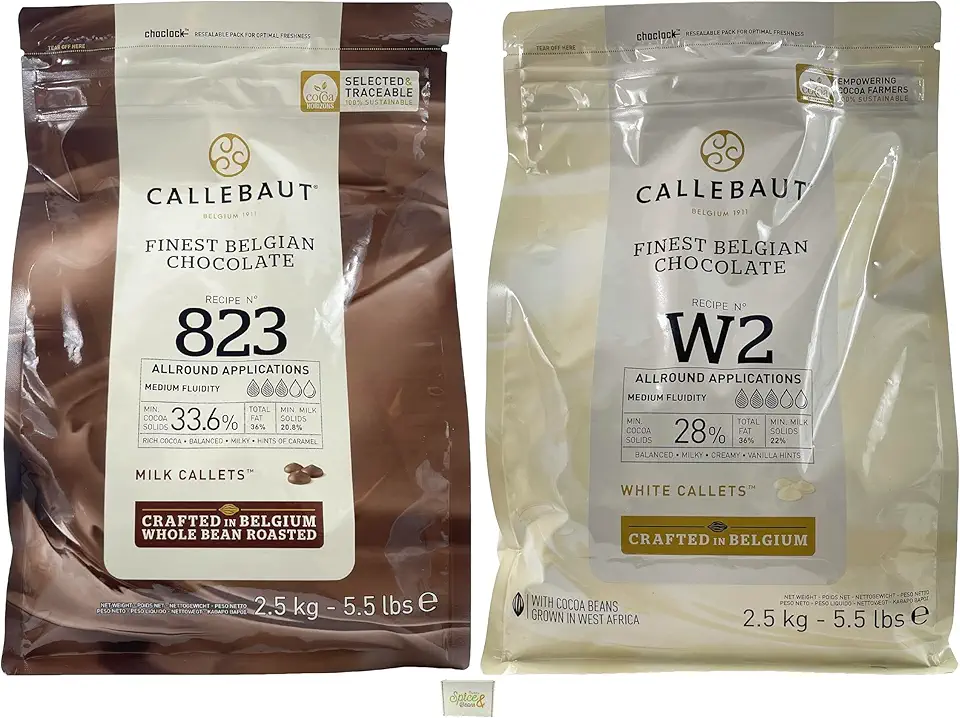 Callebaut Belgian Chocoalte Callets | 2 Pack of 5.51 Bags (2KG) (Milk Chocolate/White Chocolate)