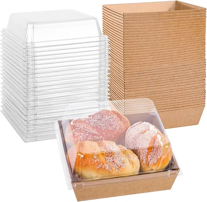 VGOODALL 48PCS Paper Charcuterie Boxes, Disposable Food Container with Clear Lid Brown Bakery Boxes for Cake Slice Pastry Sandwich Dessert To Go Containers