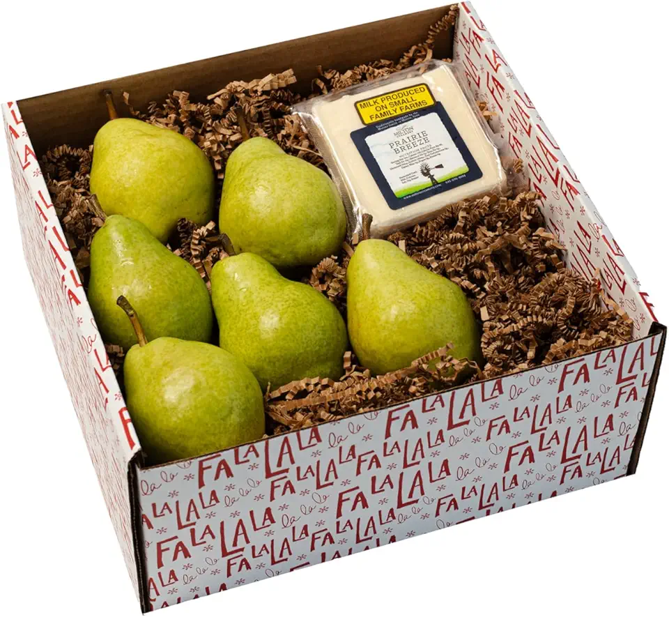 Holiday Pear and Cheese Gift Box - 6 Premium Fresh Pears and Artisan White Cheddar Cheese - Holiday Gift Basket for Corporate Clients, Family, Friends