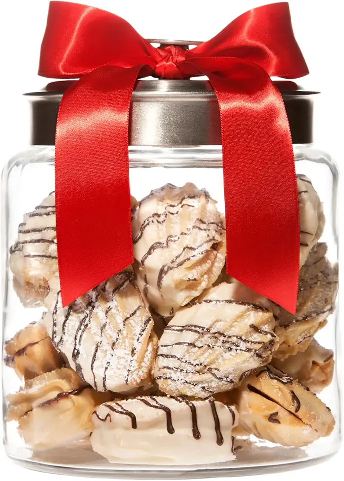 White Chocolate Raspberry Cookie Gift Jar Hand Tied with Red Satin Ribbon by Giorgio Cookies Biscotti, Traditional Italian Tea Biscuits, A Dozen Handmade Fresh Treats in Reusable Glass Jar