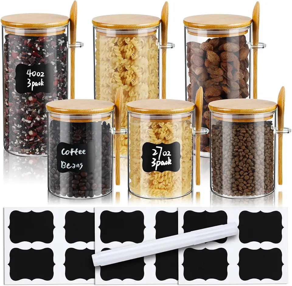 Bokon 6 Sets Glass Jars with Bamboo Lids and Spoon Airtight Glass Spice Jars with Lids Flour Canister Glass Food Storage with 3 Labels and 1 Pen for Candy Spices Coffee Beans Sugar Nuts (27 oz, 40 oz)