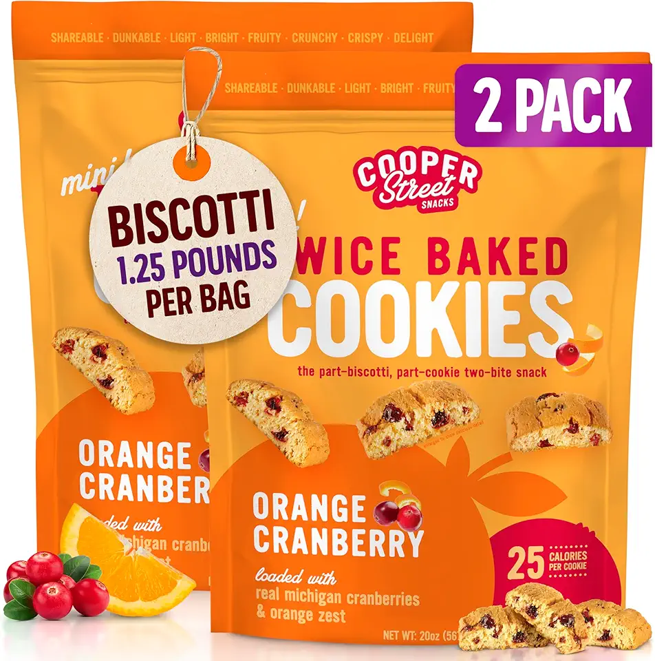 Cooper Street Twice Baked Mini Biscotti Italian Style Cookies - 2.5 Pound of Orange Cranberry Gourmet Cookies Ideal With Coffee Or Tea | Peanut and Dairy Free Low Sodium Breakfast or On-The-Go Snack | 1.25 Pound - Pack of 2